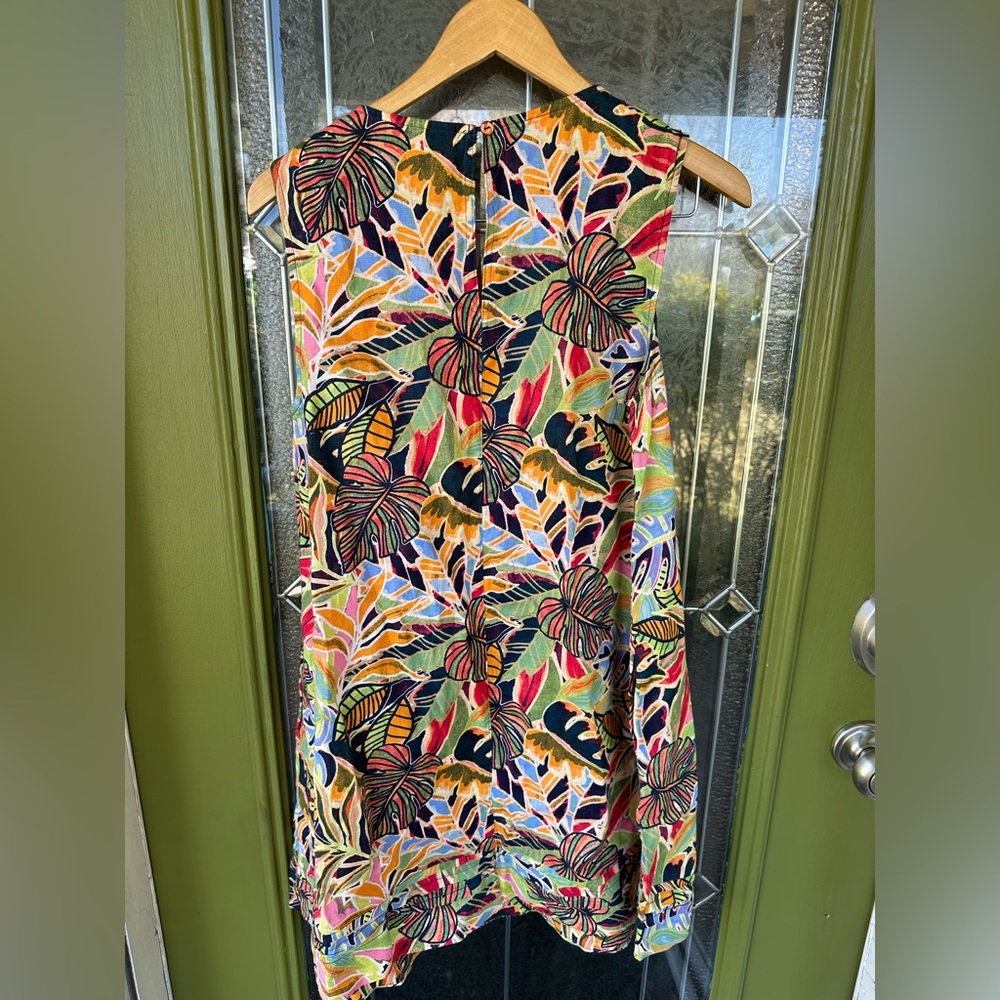 Small Linen V Neck Tropical Vacation Shift Dress Pockets Bright Colorful Resort - Picture 5 of 6
